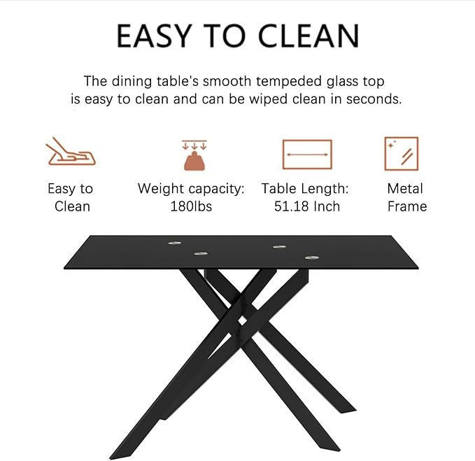 51.18" Glass Dining Table for 4-6, Dining Room Table with Black Tempered Glass and Black Metal Legs, Modern Rectangular Kitchen and Dining Room Dinner Table for Kitchen