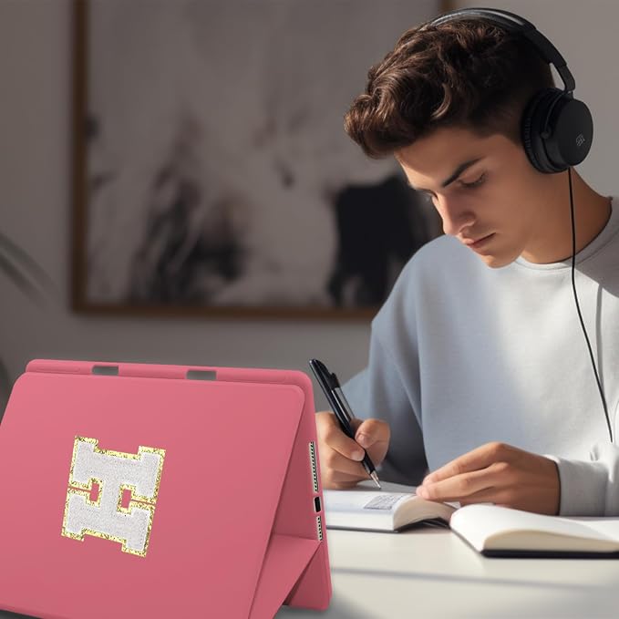 for iPad 9th Generation 10.2 Inch 2021/2020/2019 Case Initial Chenille Letter Suture Personalized for iPad 9th/8th/7th Generation Case with Auto Sleep/Wake Pencil Holder (Black A)