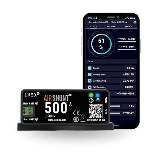 LNEX Bluetooth Battery Monitor, 500A Smart Shunt with Temp Sensor for 8-100V Lifepo4, Lithium Sealed, Gel, Flooded Battery