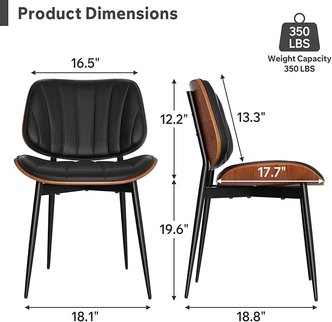 Dining Chairs Set of 2, Mid Century Modern Dining Room Chair, Upholstered Faux Leather Kitchen Chairs with Walnut Bentwood Back and Metal Legs for Kitchen Dining Room Living Room, Black