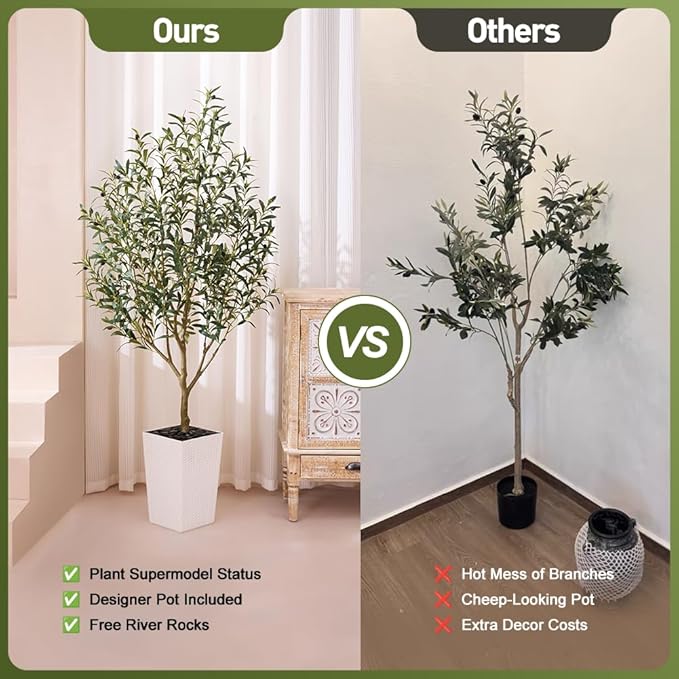 Artificial Olive Tree 6FT Indoor&Outdoor Faux Plant - UV Resistant Large Fake Tree with White Planter & Pebbles, Realistic Tall Potted Artificial Trees for Modern Home Decor Office Living Room VN132