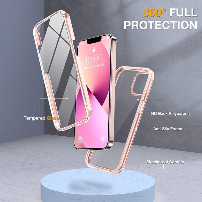 Miracase Glass iPhone 13 Case 6.1 inch, 2023 Upgrade Full-Body Clear Bumper Case with Built-in 9H Tempered Glass Screen Protector for iPhone 13,Clear Pink