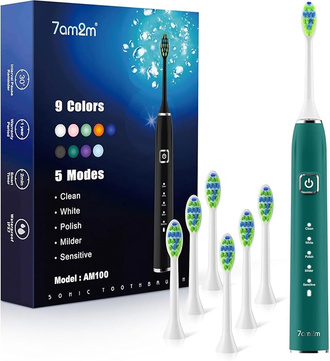 7AM2M Ultrasonic Electric Toothbrush with 6 Brush Heads for Adults&Kids, One Charge for 120 Days, Type-C Charge, 5 Modes, 40000VPM Powered Toothbrush, 2 Minutes Built in Smart Timer (Peacock Green)