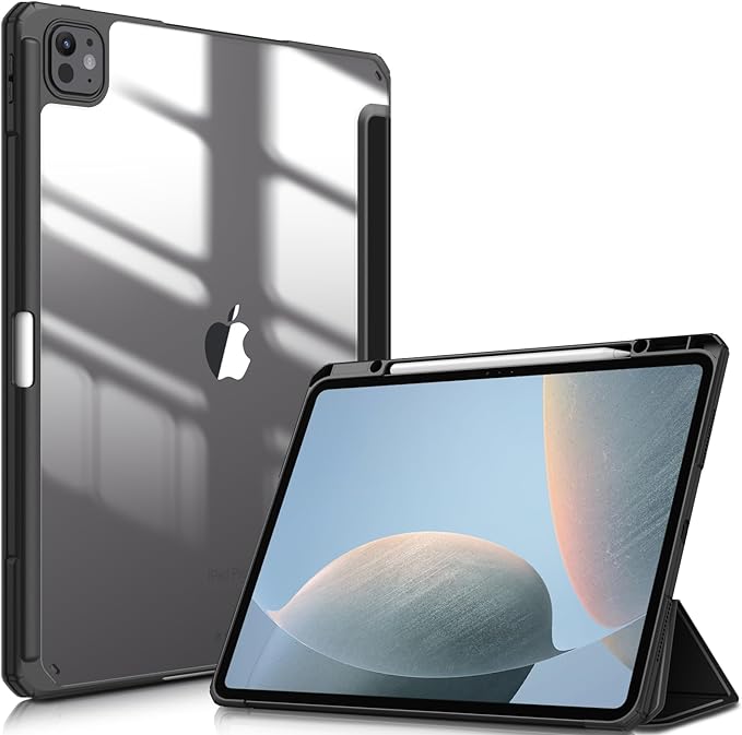 Fintie Slim Clear Case for iPad Pro 13-inch (M5) 2025 / (M4) 2024 | Slim Hybrid Shockproof Hard PC Back Cover Pencil Holder Viewing &amp Typing Angles Auto Sleep/Wake Black