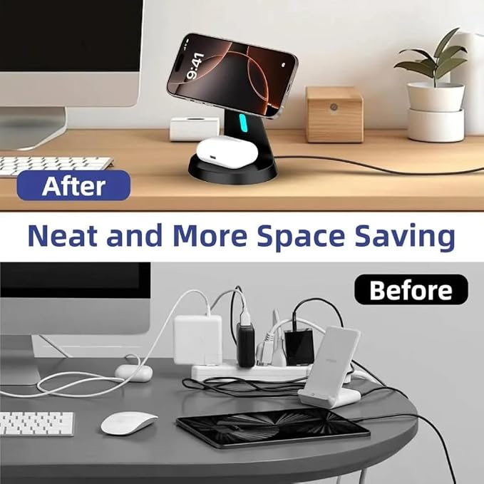 Desktop 3-in-1 Travel Magnetic Wireless Charger Dock for Magsafe iPhone 17 16 15 14 13 12 Apple Watch 11-2 Airpods Pro 3/2 Fast Charging (Black)
