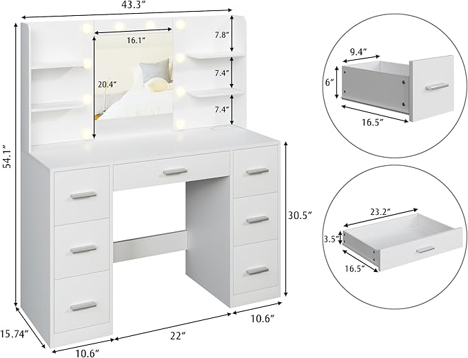 YESHOMY Vanity Desk with Mirror, Power Outlet and 10 Lights, Makeup Table with 7 Drawers, 3 Color Modes Available for Bedroom, Clear White