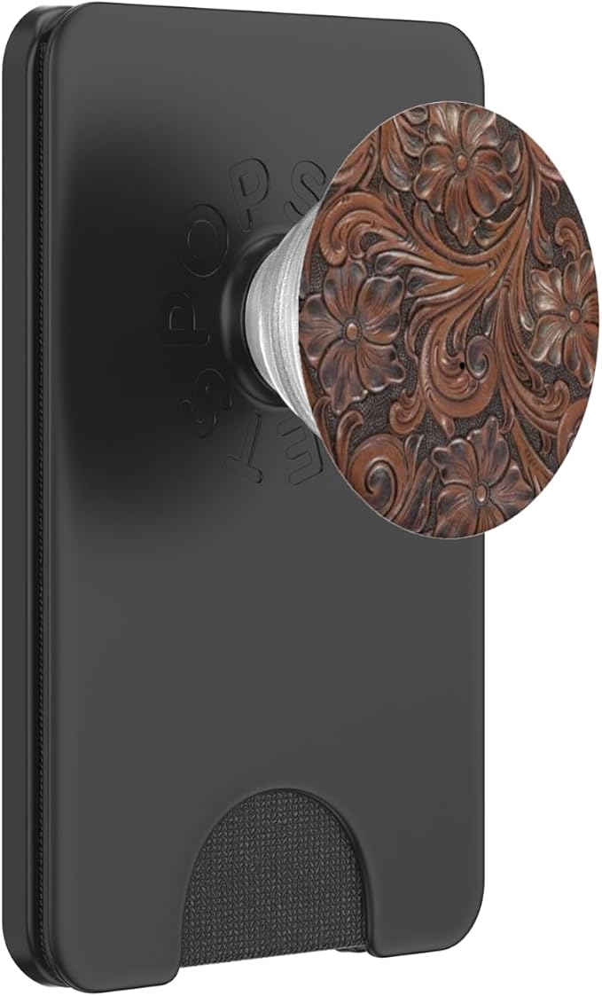 Western Brown Tooled Floral Print PopSockets Adhesive PopGrip