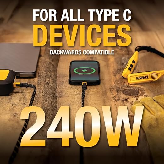 DEWALT Heavy Duty USB-C to USB-C Fast Charging Cable 1FT | Flat 240W Type-C Fast Charging Cable for iPhone 17/16/15 Pro Max Samsung Galaxy MacBook iPad Pixel 2-Pack