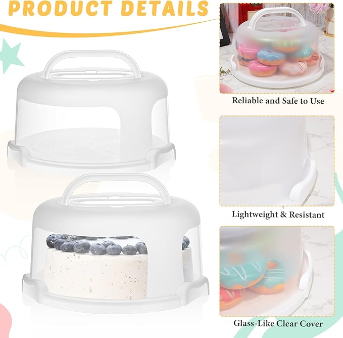 Baderke 2 Pcs Cake Carrier with Lid 10''/ 8'' Cake Holder Plastic Stand with Lid Handle Round Container Portable Carrier with Cover Boxes for Cupcake Pie Serving Transport(White)
