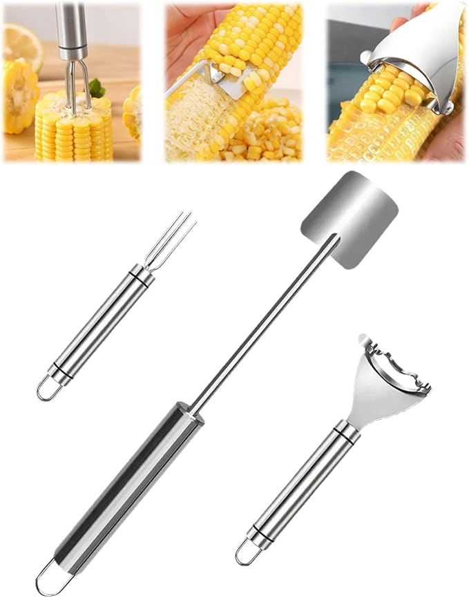 UrBestChoose 3PCS Corn Peeler Set – Stainless Steel Corn Stripper Tool with Cutter, Planer & Holder – Quickly Remove Kernels from Corn on the Cob – Dishwasher Safe, Easy Grip Handle, for Home & BBQ