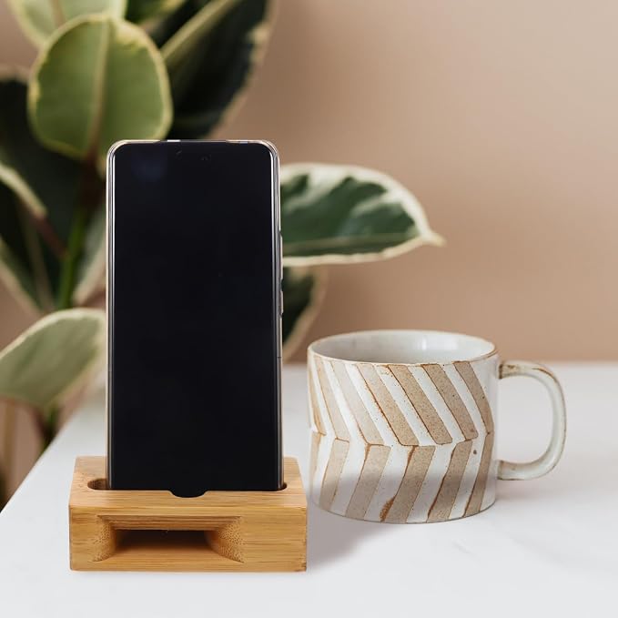 Bamboo Wood Phone Stand with Sound Amplifier Universal Mobile Phone Desktop Holder for Watching Videos and Calls Compact 3.9X2.4X1.2 Inches
