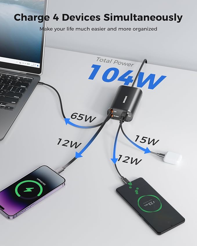 SUPERONE Retractable Charger 104W GaN Desktop Charger PD 65W for Laptop | 4 in 1 Compact Charging Station Retractable USB C &amp Apple Cables 5FT Extension Cord Fast Charging for iPhone/Pixel/Ma