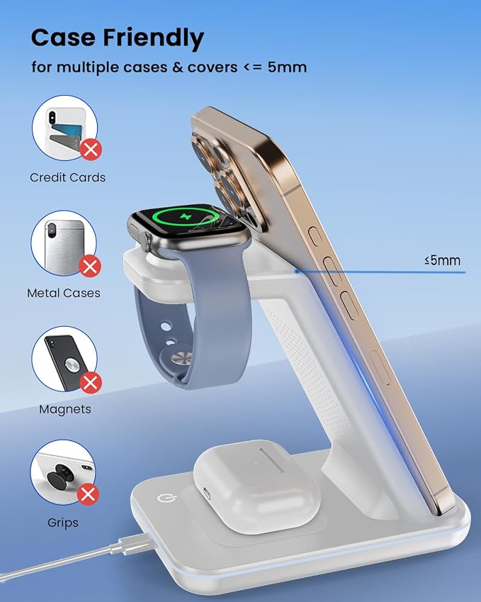 Wireless Charger Stand CIYOYO 3 in 1 Fast Wireless Charging Station Dock for Apple Watch 11/9/8/7/6/SE/5/4/3/2 Airpods 3/2/Pro iPhone 17/16/15/14/14 Plus/14 Pro Max/13/13 Pro/12/12 Pro/SE/X/XR/XS/8