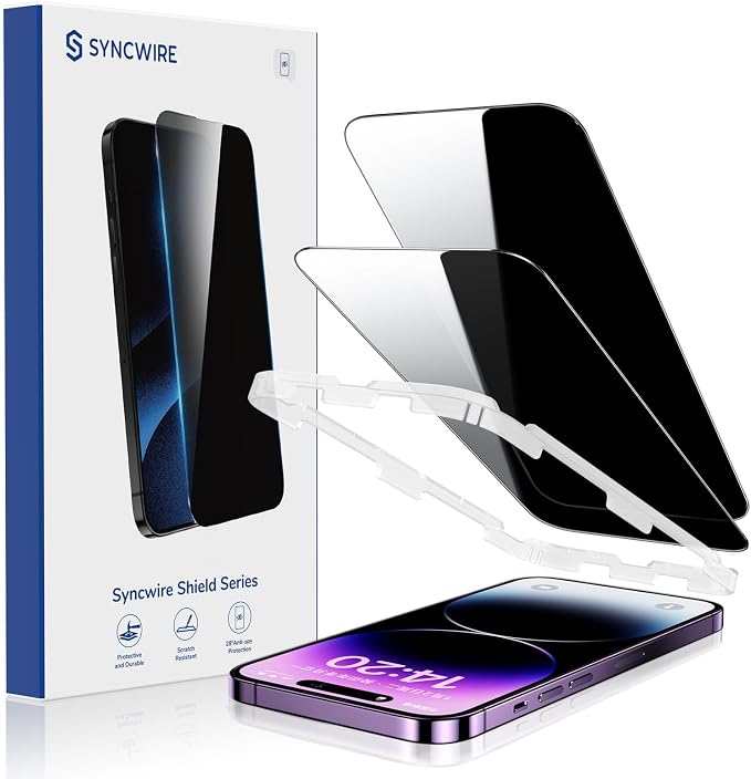 SYNCWIRE Privacy Screen Protector for iPhone 14 Pro Max with Easy Installation Kit [Military-Grade Protection] 9H Shatterproof Full Coverage Anti-Spy Tempered Glass 6.7 inch [2-Pack]