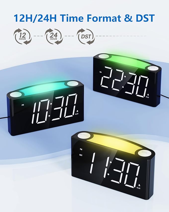 Mesqool Digital Alarm Clock for Bedroom, 7.5" Big Display, 7-Color Night Light,USB & Type C Charger, Dimmer,12/24 H,Plug-in Easy to Set Alarm Clock for Teens, Kids, Heavy Sleepers
