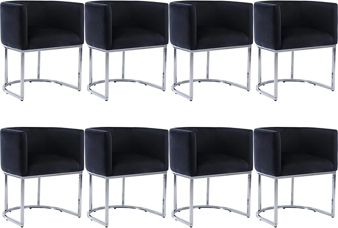 Velvet Dining Chairs Set of 8 Modern Barrel Arm Chairs with Chrome Metal Frame, Upholstered Kitchen Chairs 18.5" Wide Accent Chairs for Living Room Dining Room Restaurant, Black