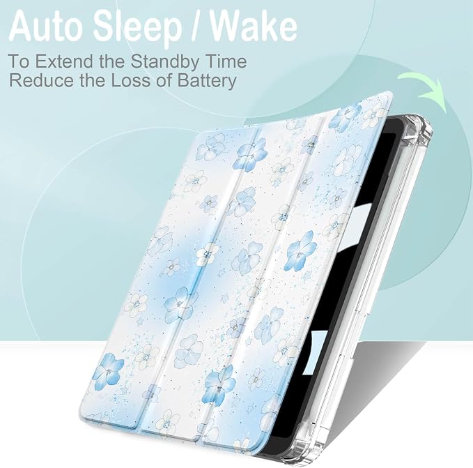 Feams Case for iPad mini 7 A17 Pro 2024/iPad Mini 6 2021 Slim Lightweight Trifold iPad mini 7 A17 Pro Case 8.3 Inch 2024 Clear Back Cover with Pencil Holder &amp Auto Sleep Blue Bow