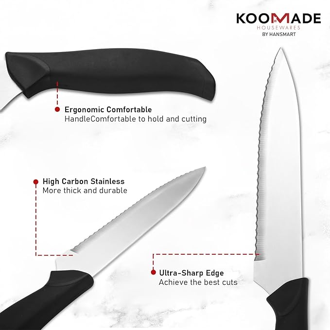 KOOMADE Knife Set With Block, Cutlery Essentials 23 PCS Kitchen Stainless Steel Knife Block Sets With Cutting Board, Shears, Paring, Utility, Santoku, Steak Knives, Dishwasher Safe Cutlery Block Set