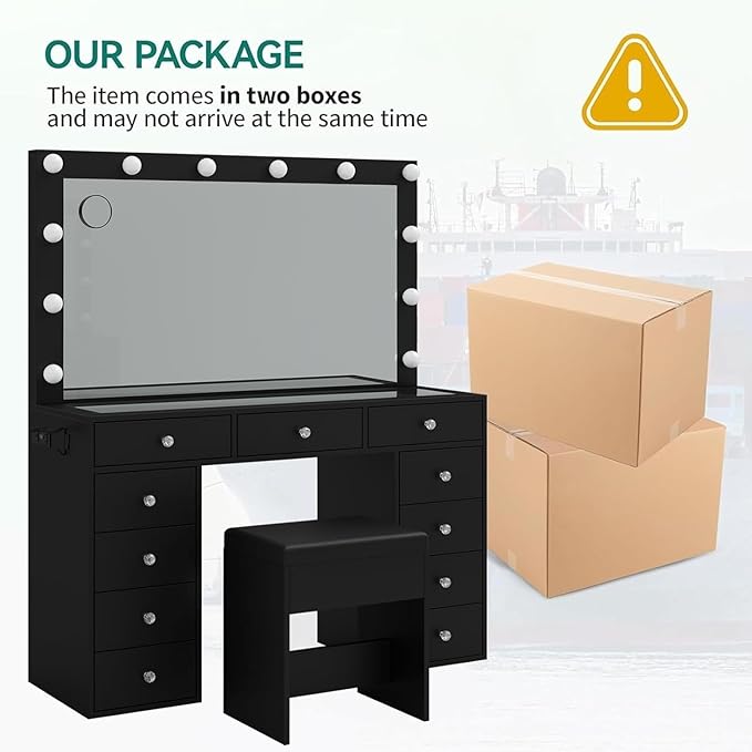 Vanity Desk with Power Outlet, Makeup Vanity with Mirror and 12 LED Lights, 3 Lighting Modes,11 Drawers Vanity Table with Chair, Glass Top, Vanity Set for Bedroom,Dressing Room, Black