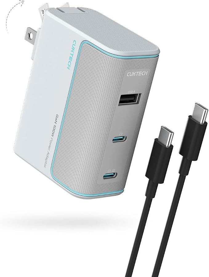 CUKTECH 100W GaN USB C Fast Charger 3-Port Wall Charger Compact Fast Charging Block Foldable Power Adapter for MacBook Pro/Air iPhone 17/16/15 Galaxy S24 Pixel Steam Deck with 240W Cable