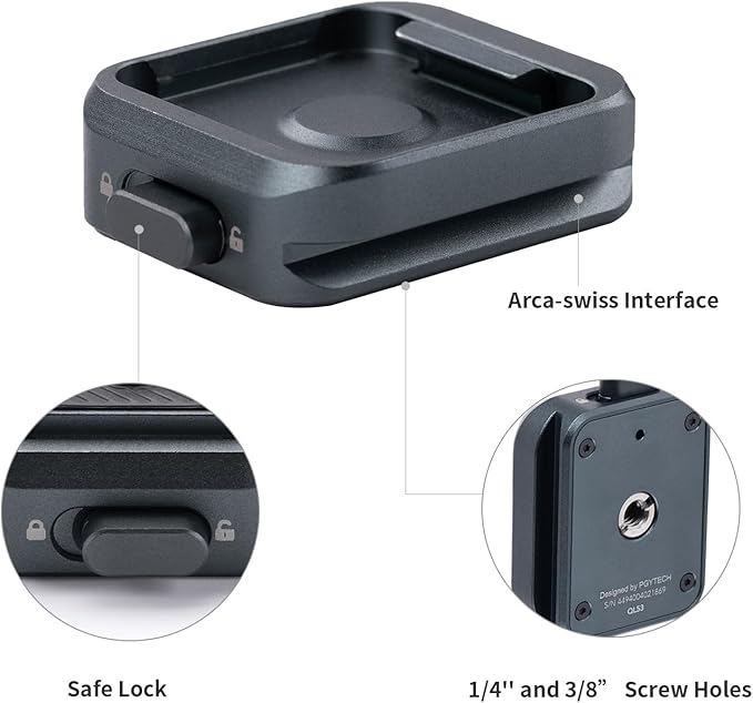 PGYTECH Quick Release Plate Clamp, with 1/4" and 3/8" Threaded Holes, Arca Swiss Interface, Suitable for Photo Cameras, Tripods, Gimbals