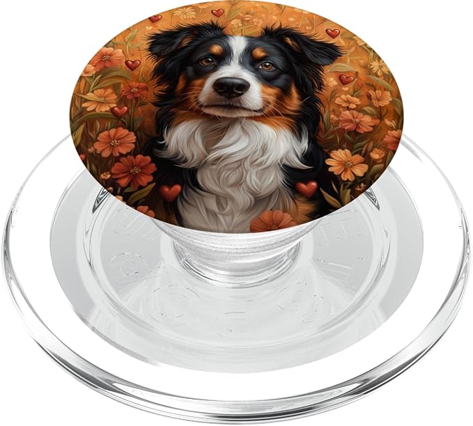 Australian Shepherd Dog Flowers With Hearts Around Graphic PopSockets Standard PopGrip