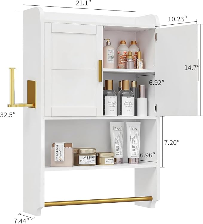 VECELO Bathroom Wall Cabinet, Wall Mounted Medicine Cabinet, Space Saver Storage Cabinet with Towel Bar for Bathroom Laundry Room Kitchen