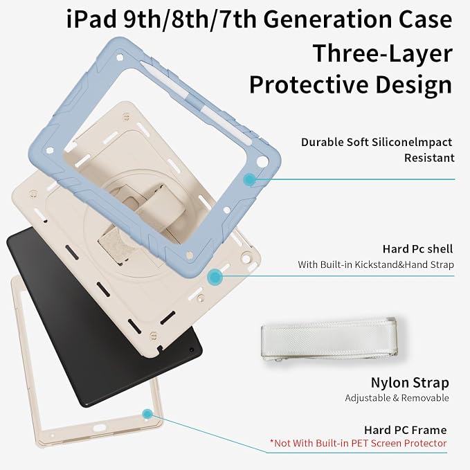 Case for iPad 9th/8th/7th Generation10.2 Shockproof 360 Rotating Stand Shoulder Hand Strap with Pencil Holder for iPad 10.2 inch 2021/2020/2019 Case (Black)