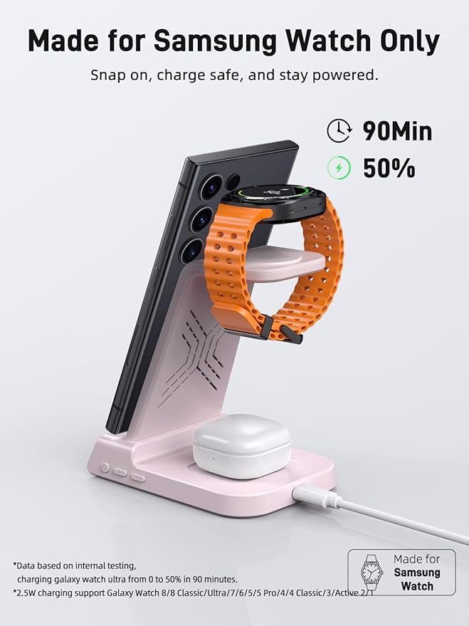 Wireless Charger for Samsung Charging Station, 3 in 1 Android Phone Charger for Samsung Galaxy S25 Ultra/S24 Ultra/S23/Z Fold7/Flip7, Galaxy Watch 8/8 Classic/Ultra/7/6/5, Galaxy Buds 3 Pro/3(Pink)