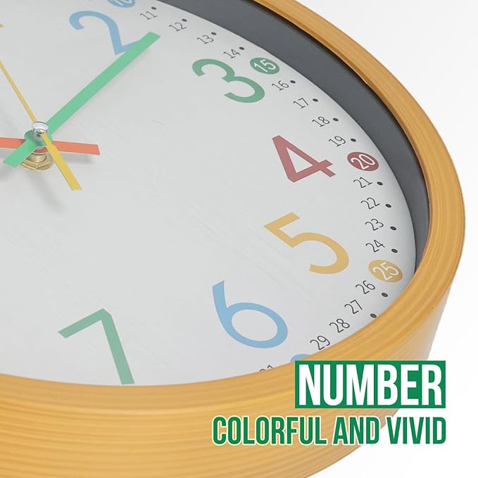 bakbrand Kids Wall Clock Silent Non-Ticking Colorful Childrens Clock Round Decorative Wall Clocks for Classroom, School, Office, Bedroom, Living Room, Kitchen (Birch, 12 inch)