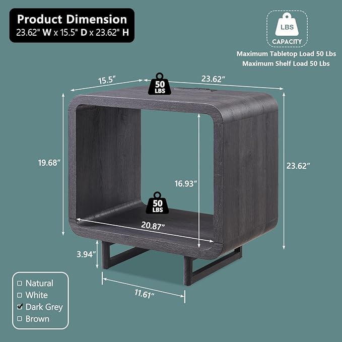 23.6" Modern End Table, 2 Tier Side Table with Charging Station, Simple Bedside Table with Open Storage Shelf, Outlet, Wooden Nightstand for Bedroom, Living Room, Study, Easy Assembly, Dark Grey