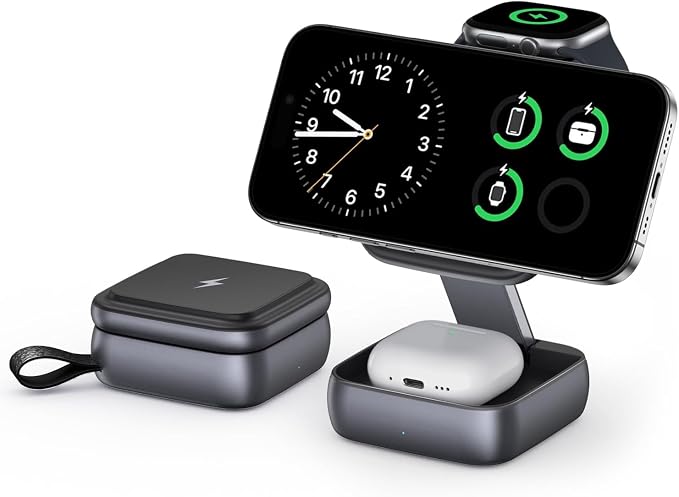 3-in-1 Foldable Wireless Charging Station - Magnetic Fast Charger Dock for 17/16/15/14/13 Ultra/10/9 AirPods Pro - Multi-Device Travel Stand