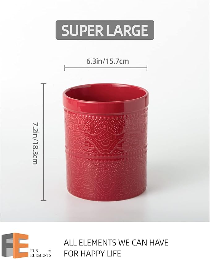 FUN ELEMENTS Kitchen Utensil Holder, 7.2" Super Large Utensil Crock Heavy and Stable Lace Emboss Ceramic Utensil Holder for Kitchen Counter (Christmas Red)