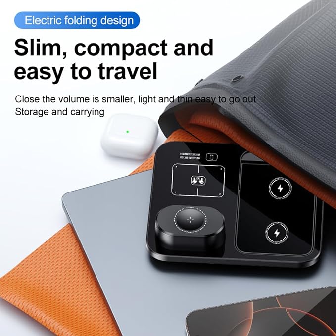 IHAO 3in1 Multifunctional Foldable Wireless Charging Station with LED Ambient Night Light Fast QC3.0 Charger for Phone iWatch Headphone Space-Saving Auto-Shutoff &amp Overcharge Protection-Black