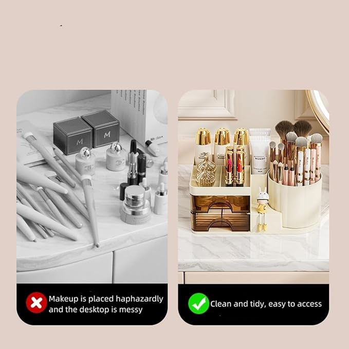 Makeup Organizer for Vanity with 2 Drawers,Countertop Rotating Makeup Brush Holder,Bathroom Organizer Holder,Cosmetic Display Case for Lipstick,Beauty,Skincare Organizer (White)