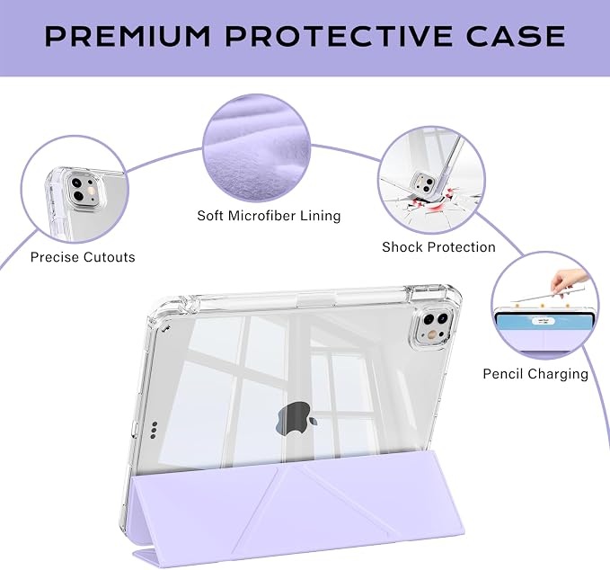 Clear Case for iPad Pro 12.9 inch 6th/5th/4th/3rd Gen with Y-fold &amp Trifold Stand Pencil Holder Support Pencil Charging [Auto Wake/Sleep] Lightweight Shockproof Hard PC Back Cover Black