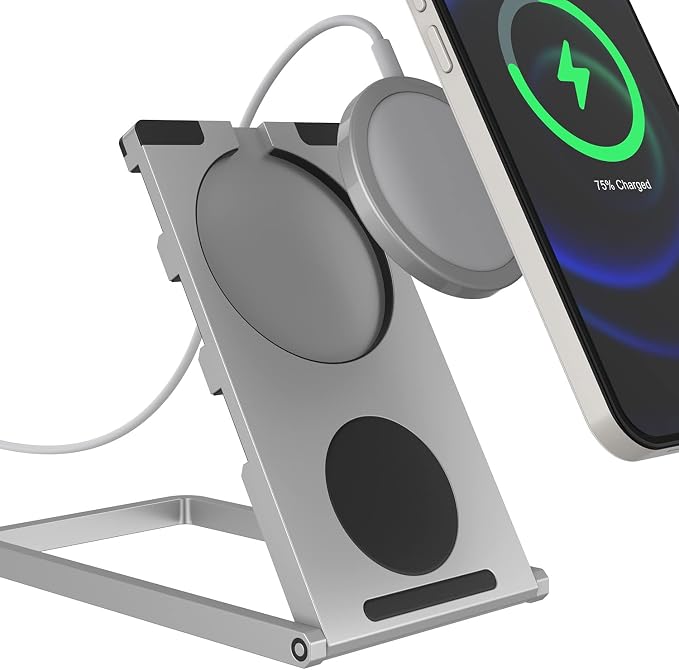 PunkCase Universal Magnetic Desk Stand for Phones Tablets and E-Readers | Compact &amp Sturdy Metal Design | 360 Degree Foldable | Works with All Devices up to 11 inches [Silver]