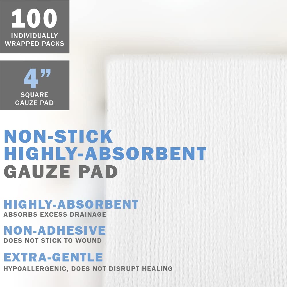EVERLIT [Extra-Thick] 4''x4'' Sterile Gauze Pad 12-Ply, 100 Pack, Individual Wrapped, Ultra Absorbent Large Non-Woven Medical Gauze Sponges for Wound Care Home First Aid Kit