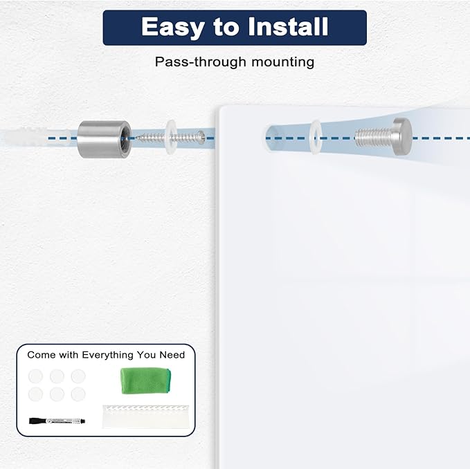 Magnetic Glass Whiteboard, 36" x 24" Glass Dry Erase Board for Wall, Large Frameless White Board with 1 Marker Tray and 3 Magnets for Office, Home, Classroom - Ultra White