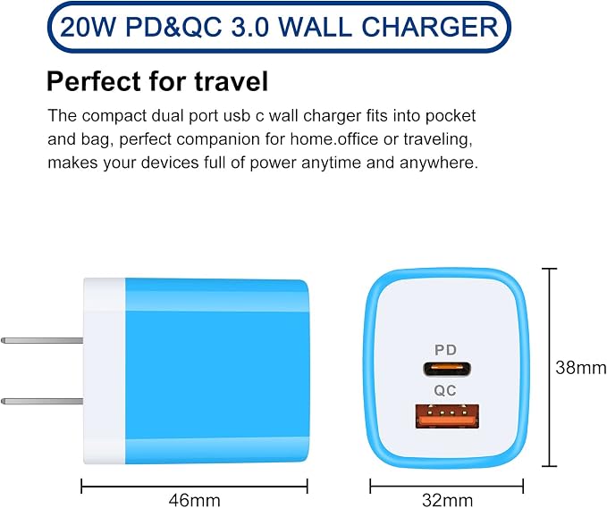 USB C Wall Charger 2-Ports 20W USB A and USB C Charger Block [PD/QC 3.0] | 3Pack USB-C Power Wall Plug Adapter Brick for iPhone 17/16/15/14/13/12/Pro Max/Mini iPad/Pro AirPods Pixel Samsung Galax