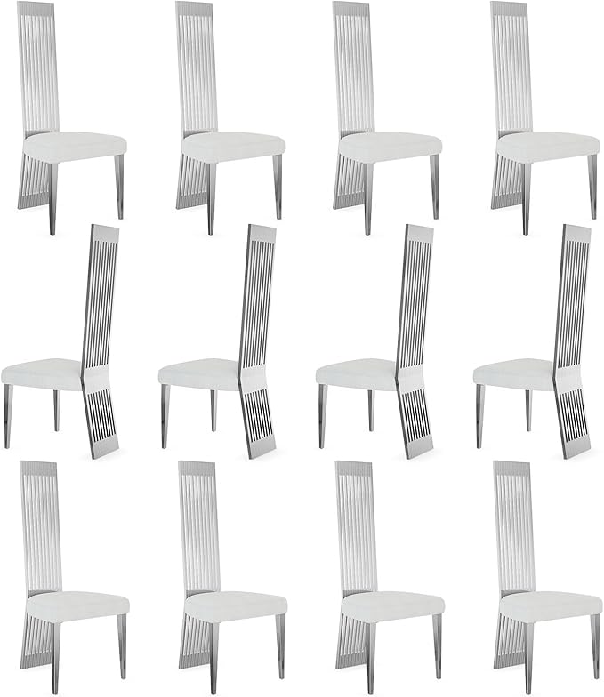 Dining Chairs Set of 12, Boucle Upholstered Modern Dining Chair, Elegant White and Silver Dining Room Chair with Polished Silver Stainless Steel Legs and Backrest for Kitchen Restaurant