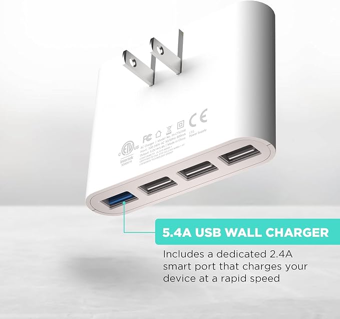 iHome 4-Port USB Wall Charger (2-Pack) 5.4A Flat Foldable Plug Slim Travel Charger (White &amp Black)