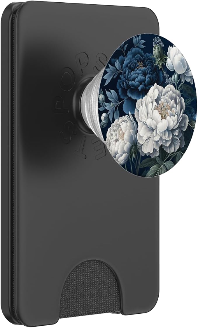 Navy Blue Peonies Blossom Leaves White Flowers Floral Girly PopSockets Adhesive PopGrip