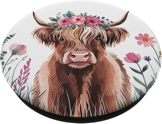 Baby Highland Cow Floral - Adorable Watercolor Farm Art PopSockets Adhesive PopGrip