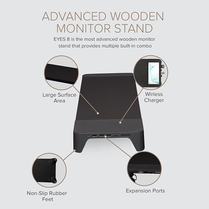 POUT E8 Wood Desk Monitor Computer Stand Riser Shelf + USB HUB + Qi Fast Wireless Charging Charger Pad Mat for Laptop Apple iMac PC iPhone Samsung Galaxy Airpod 2 Buds (Black)