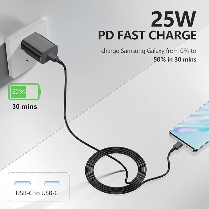 2 Pack-for Samsung Galaxy S23 S22 S21 Note 20 Fast Charging Type C25w USB C Super Fast Charger Type C Wall Charger Block Android Phone Cable for Samsung Galaxy S20 Plus Ultra 2×6ft Black | Fast Cha