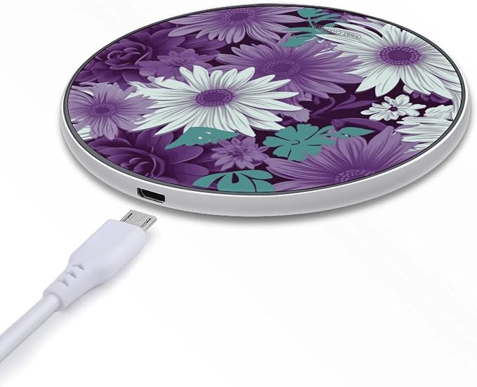 Purple White Floral Wireless Charger Fast Charging Pad | Anti-Slip Qi Certified Wireless Charging Pad for All Phones with Wireless Charging Function for Home Office Travel