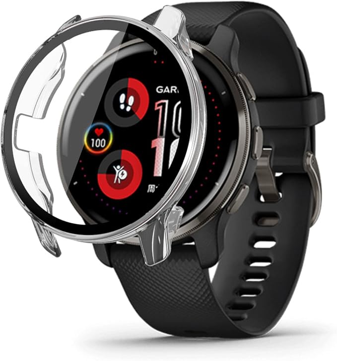 for Venu 2 Plus Case Lamshaw Hard PC Case with Tempered Glass Screen Protector Compatible with Garmin Venu 2 Plus Smartwatch (2 Pack-Pink+Black)
