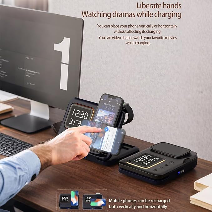 IHAO 3in1 Multifunctional Foldable Wireless Charging Station with LED Ambient Night Light Fast QC3.0 Charger for Phone iWatch Headphone Space-Saving Auto-Shutoff &amp Overcharge Protection-Black