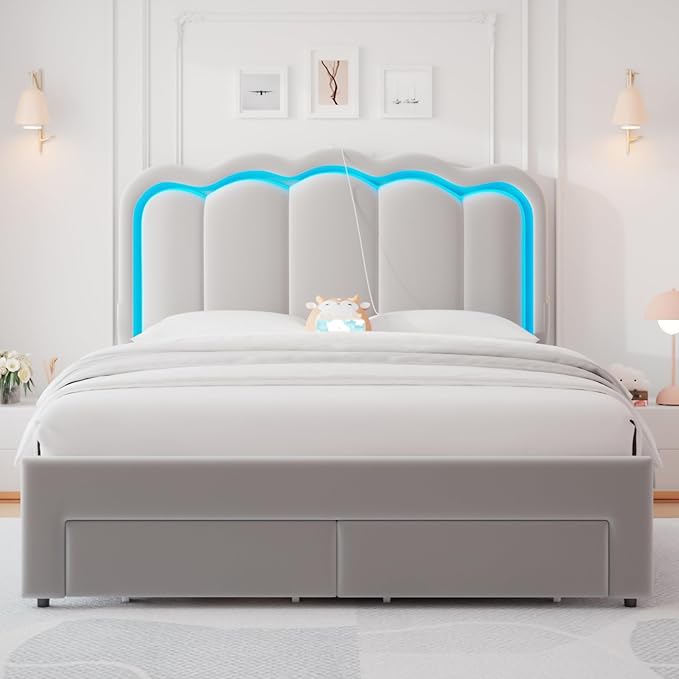 Queen Upholstered LED Bed Frame with 2 Storage Drawers and Adjustable Chic Double Wavy Headboard, Velvet Prince Platform Bed with Charing Station, Solid Wood Slats Support,No Box Spring Needed,Grey